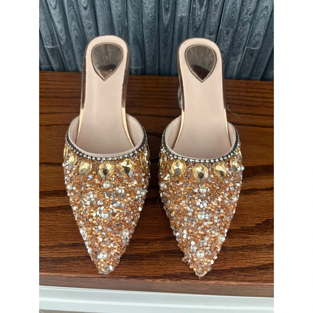 Champagne Rhinestone Embellished Pointed Toe Mules Clear Block Heel Size 37 - Picture 2 of 5